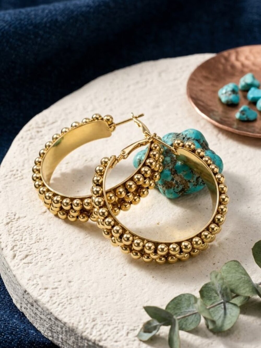 Gold Tone Granulated Beaded Texture Wide Hoop Earrings Boho Artisan 1.7"